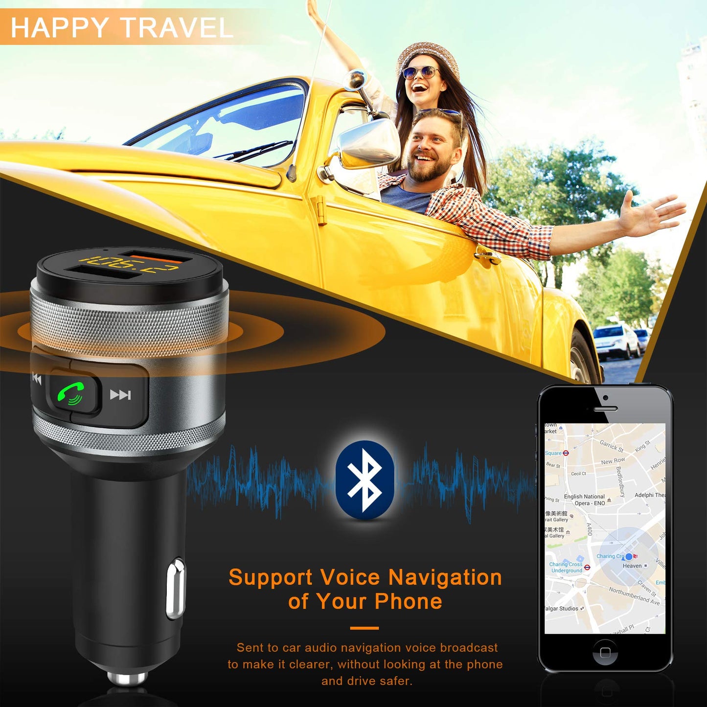 Bluetooth 5.3 FM Transmitter for Car, 3.0 Wireless Bluetooth FM Radio Adapter Music Player FM Transmitter/Car Kit with Hands-Free Calling and 2 USB Ports Charger Support USB Drive