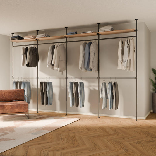 pamo Industrial Pipe Clothing Rack with Shelf - 660 lbs Capacity - Clamping Clothes Rack and Walk In Closet with Oak Shelf for Wardrobe