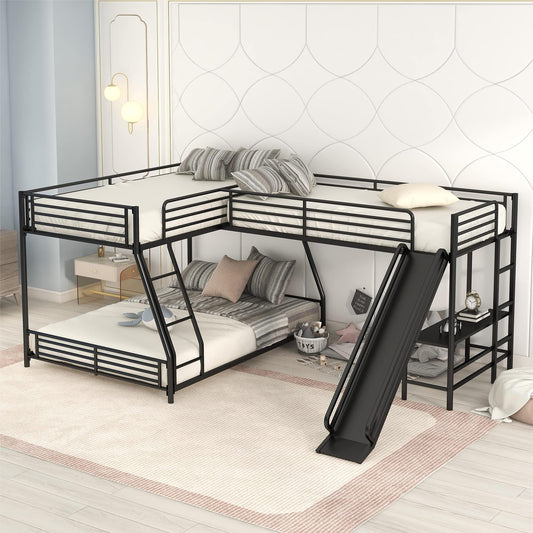Merax L-Shaped Twin Over Full Bunk Bed with Twin Size Loft Bed, Black Metal Bunk Bed with Built-in Desk and Slide