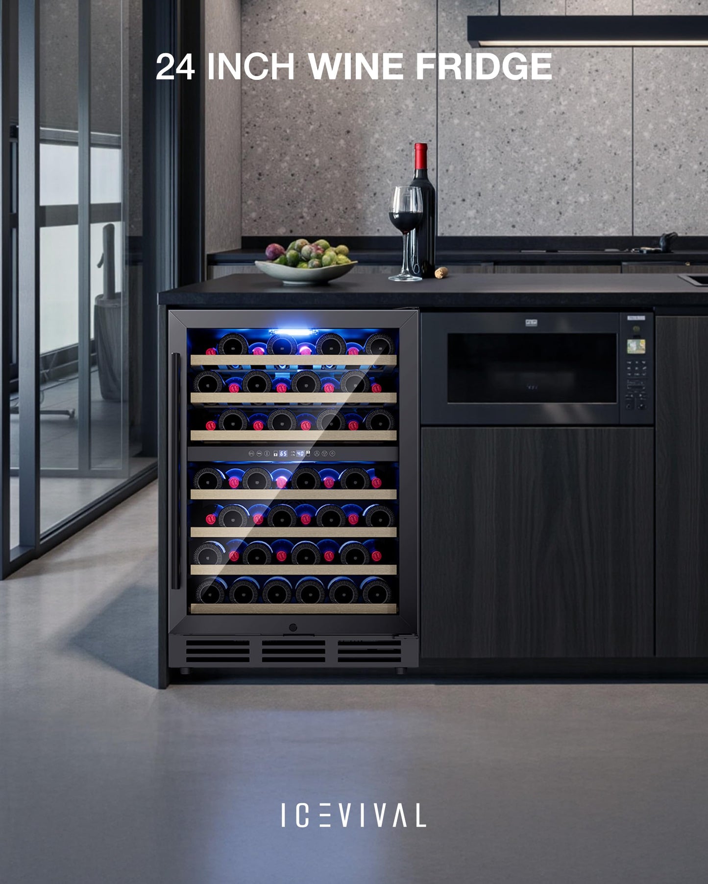 24 Inch Dual Zone Wine Fridge, 55-Bottle Wine Fridge Under Counter with Glass Door for Built-In or Freestanding, Wine Cooler Refrigerator with Removable Wooden Shelves, for Home/Bar/Office (Black)