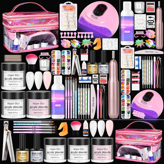 Acrylic Nail Kit Set for Beginners with Everything Acrylic Powder Nail Drill Lamp Starter Kit with False Nail Tips Nail Art Tools Cosmetic Gift Bag for Salon Home