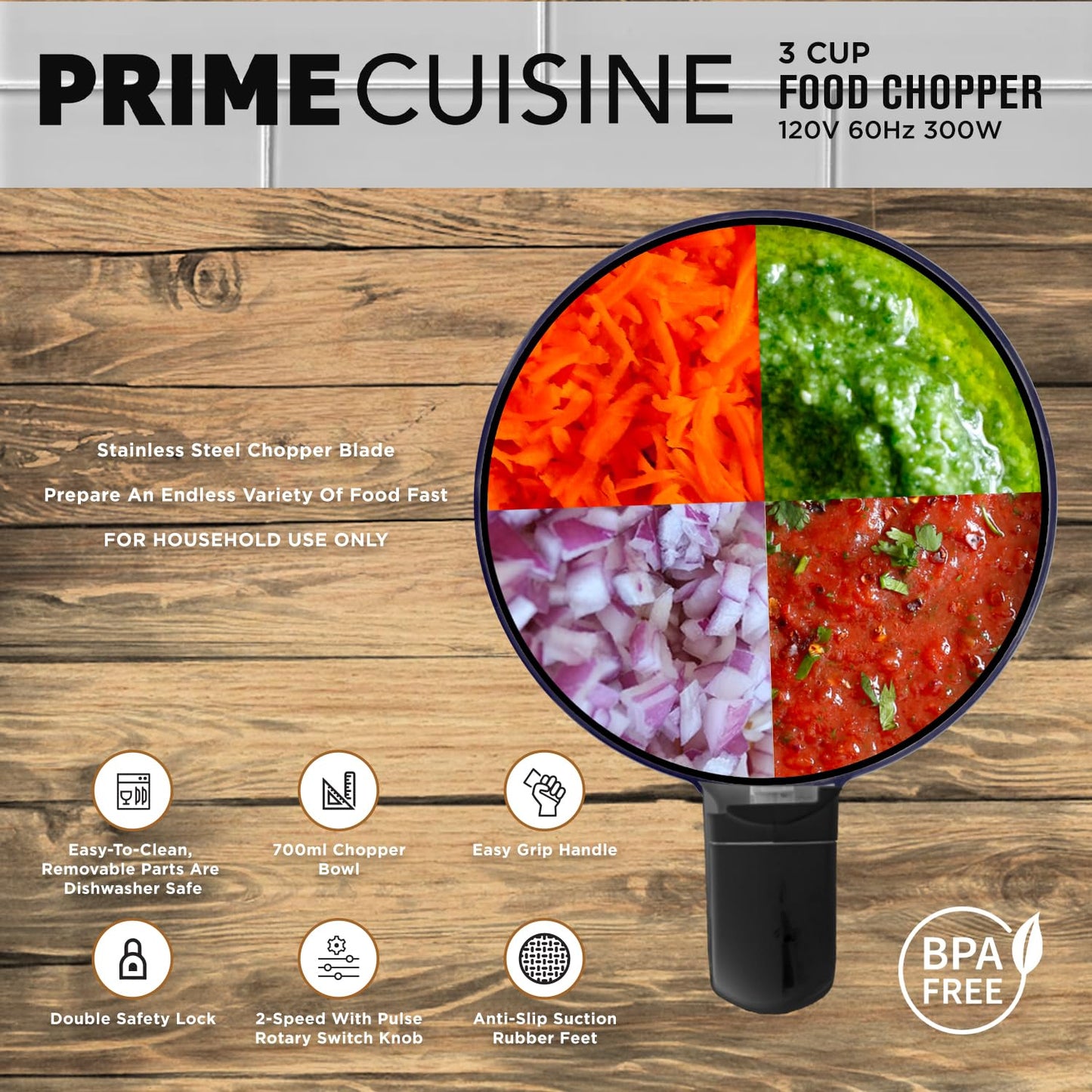 PRIME CUISINE Electric Vegetable Chopper & Food Processor, 3 Cup Capacity, For Mincing, Emulsify and Puree (Burgundy)