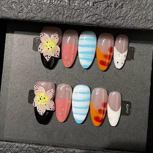 Luxury Press on Nails Medium Almond Handmade 3D Unique Reusable ABS Material Fake Nails French Tip False Nails with Designs Flower Water Drop Art Petal Glossy Glue onThick Acrylic Nails(M)
