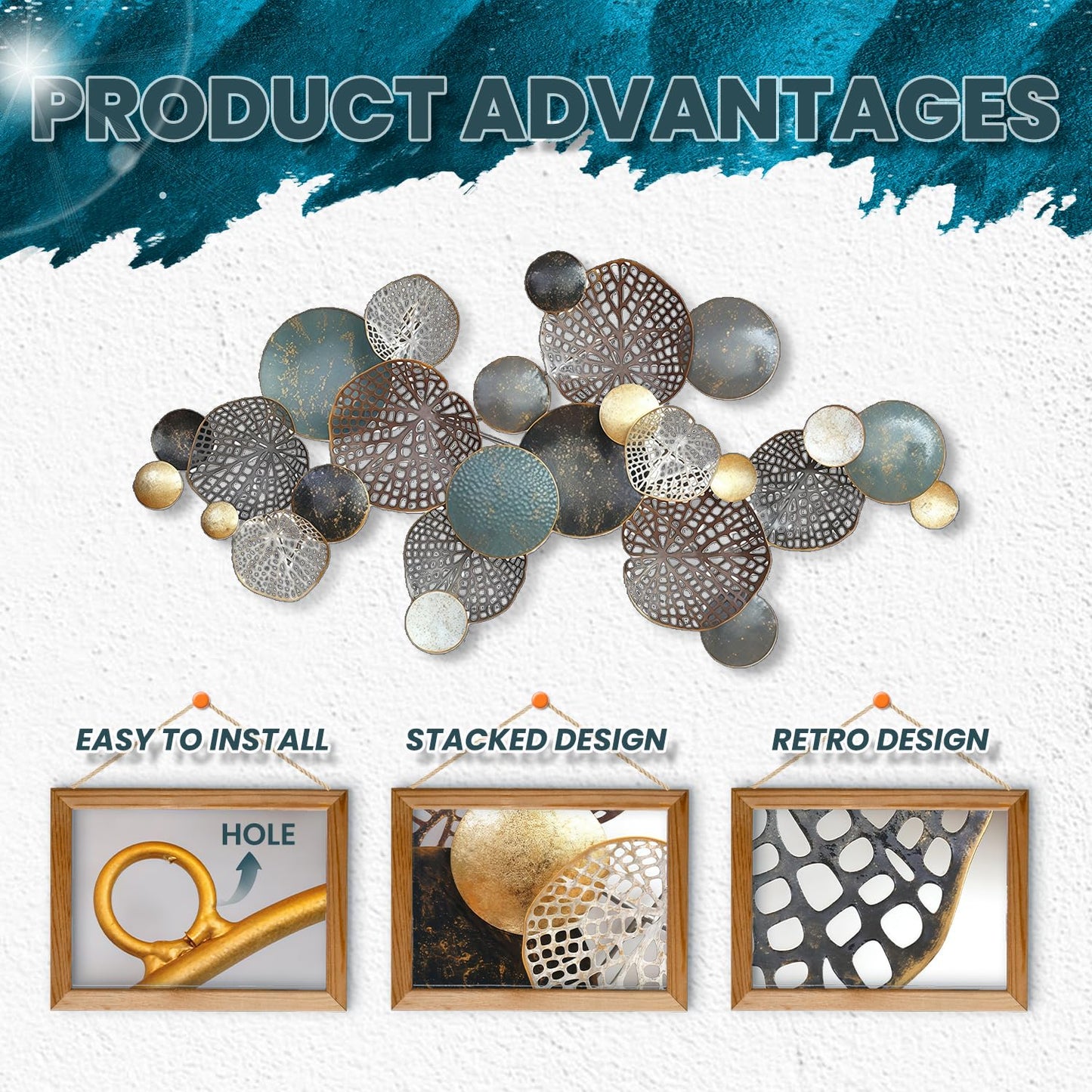 ZZYYZZ Large Metal Wall Decor, Boho Lotus Leaf Metal Wall Decoration, 3D Stacked Flower Wall Art Décor, Nautical Coastal Outdoor Wall Decor, for Living Room Bedroom Dining Room, 52.5" x 26.5"