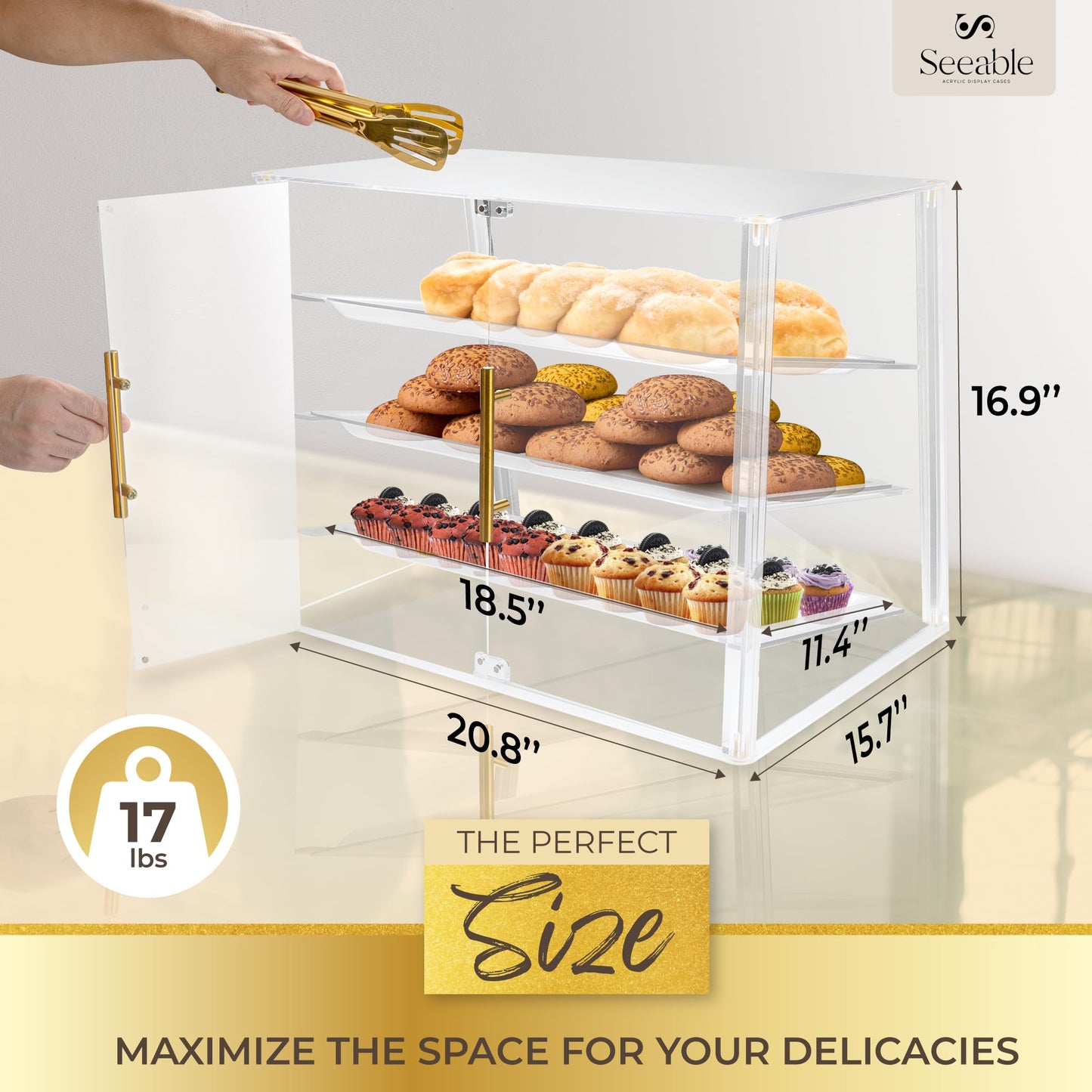 3 Tray Acrylic Bakery Display Case Countertop with Magnetic Rear Doors Access, Removable Trays & Gold Accents, Acrylic Pastry Display Case for Desserts, Cookies, Bread & Baked Goods (21"x16"x17")