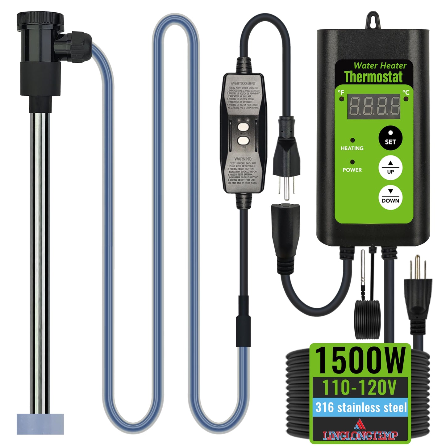 LINGLONGTEMP 1500W Submersible Hot Tub & Pool Portable Electric immersion Water Heater with temperature control and GFCI for Swimming Pools, Bathtubs, Baptistry, above ground pool & inflatable pool