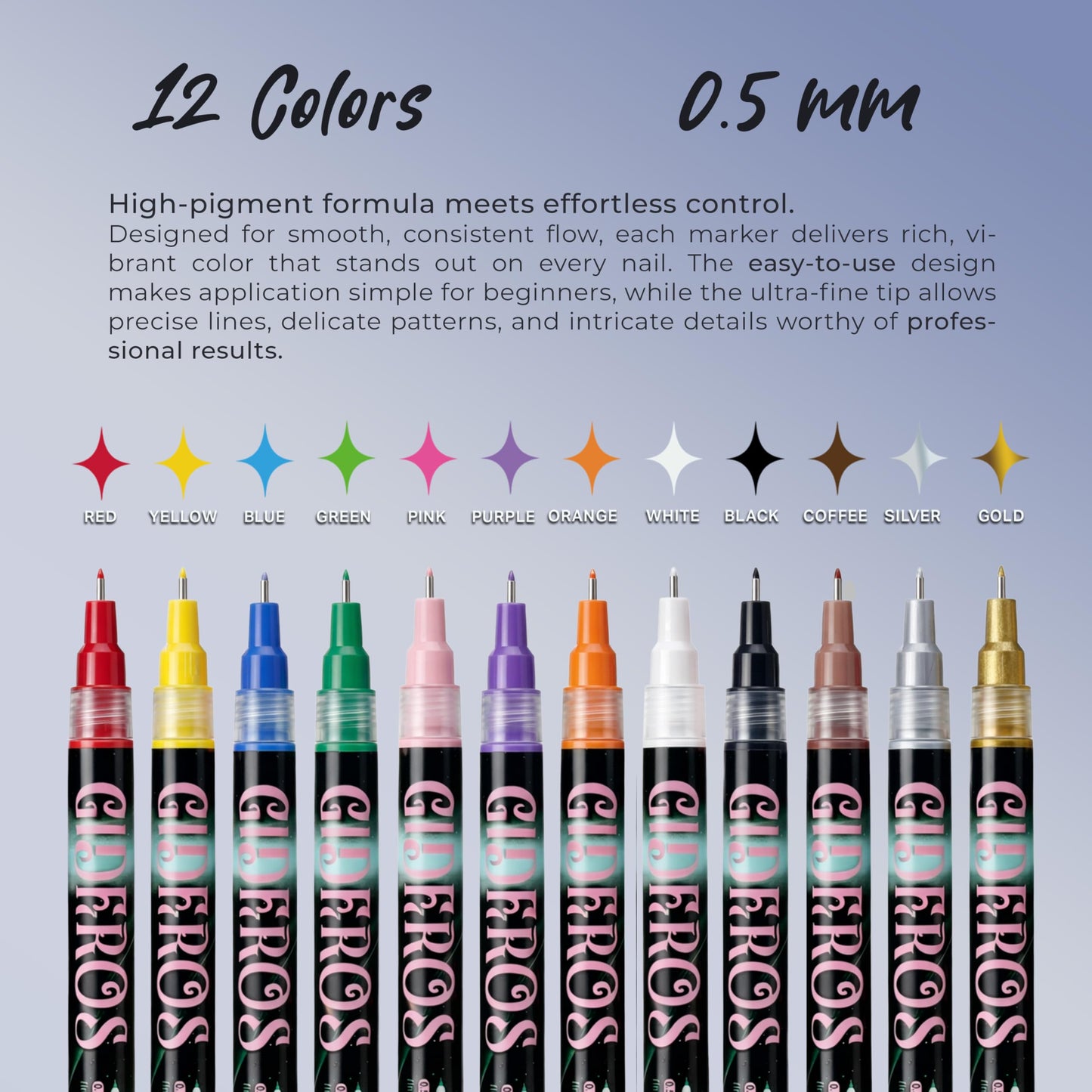 GIDEROS Nail Art Markers, 0.5mm Polish Pens & Easy Control 12 Colors 3D Nail Art Kit for DIY, Nail Art Brushes, Professionals & Beginners