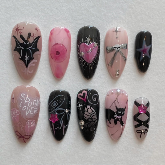 BABALAL Almond Press on Nails Medium Fake Nails Black Pink Glue ons Y2k Bat Cat Bow Design Goth Acrylic Nails 24Pcs Cute Halloween False Nails Star Stiletto