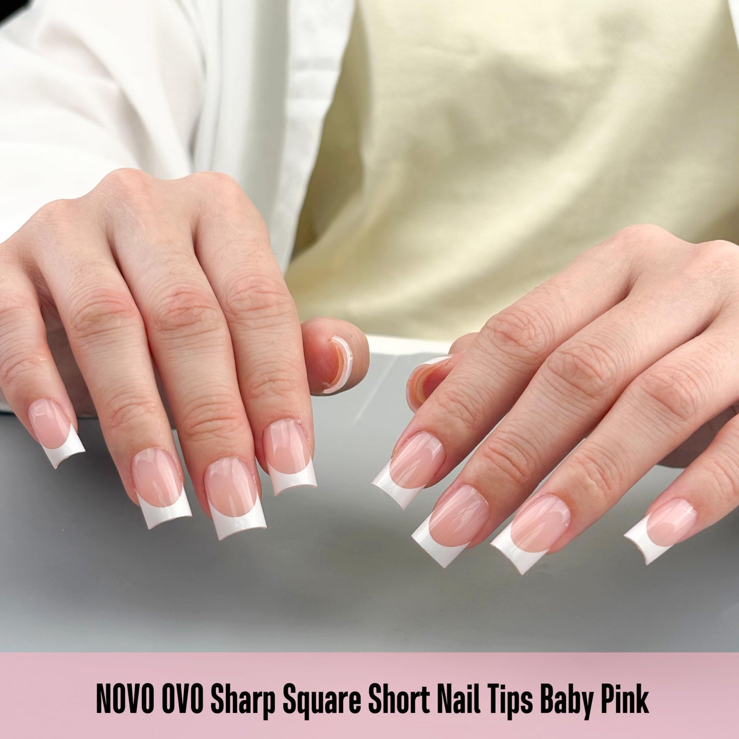 NOVO OVO Short Sharp Square White French Tip Nail Tips Press on BABY PINK, Need Builder Gel Top Coat Nail Glue, Soft Gel Fake Nail Extension, Full Cover False Nails for Salon DIY x 15 Sizes 240 pcs