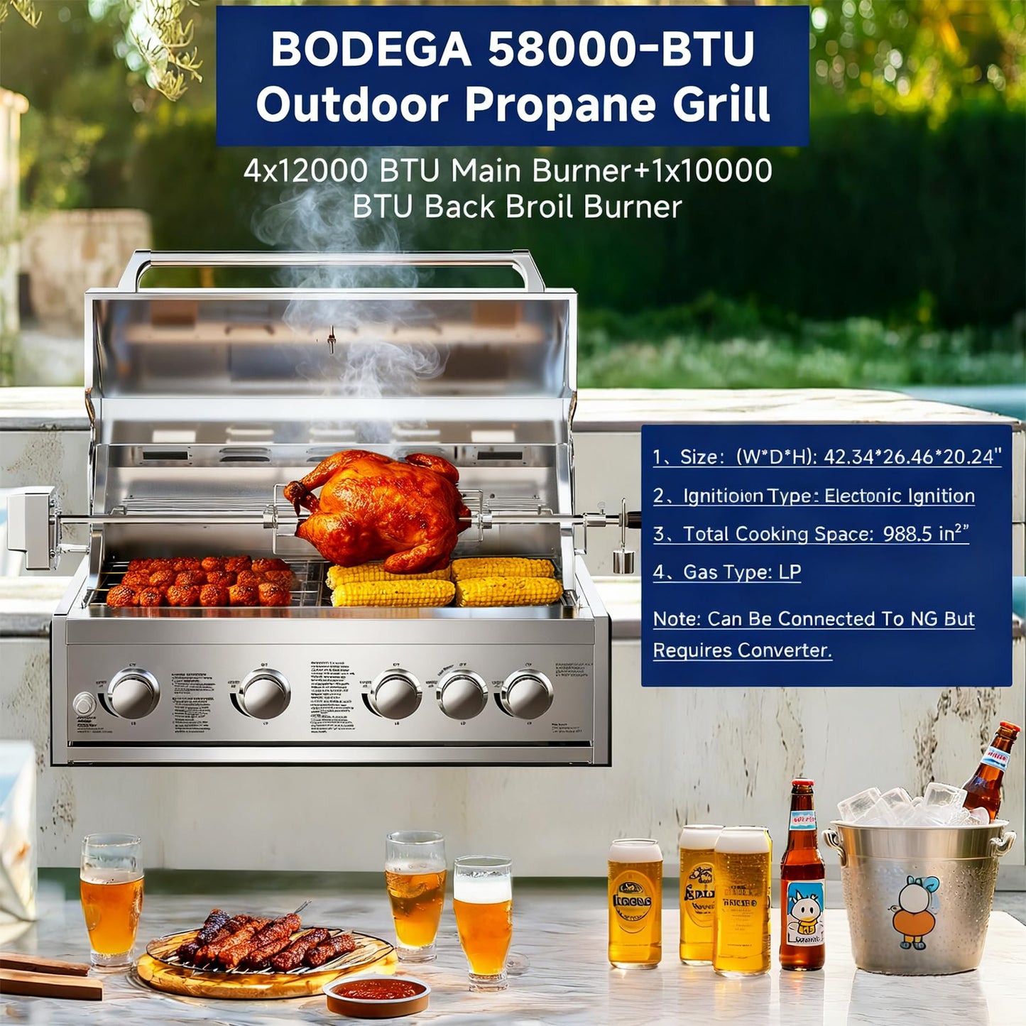 BODEGA 5 Burner Built In Gas Grill Island Head, Stainless Steel 30 Inch Propane Grill with Rear Burner, 58000 BTUs, 988.5 SQ In Racks, Dual Fuel Compatibility, Gas Grill Outdoor Cooking, BBQ Fork Kit.