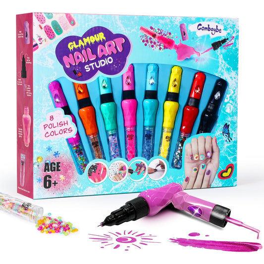 8-Count Nail Art Pen Set for Kids, Non-Toxic Nail Polish & Glitter with Doodle Tip, Nail Art Kit for Girls 7-12, Birthday for 8-12, Toys for 10 Year Olds, Includes Stickers, Gems