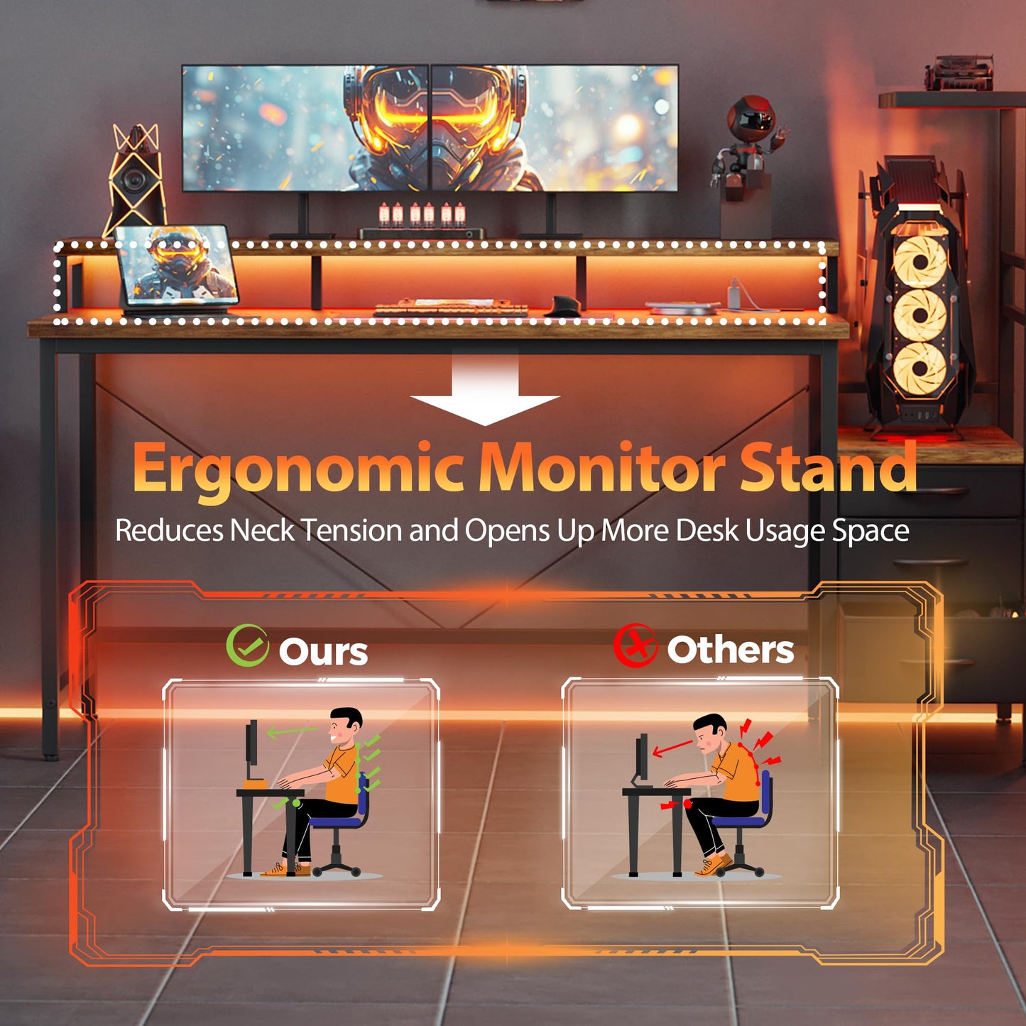 Mericonia Gaming Desk with Power Outlets & LED Lights, Reversible Computer Desk with PC Case Stand, Fabric Drawers, Modern Office Desk with Shelves, Monitor Stand (DJK-Rustic Brown, 51 inch)