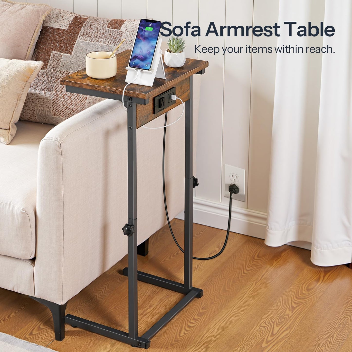 HOOBRO C-Shaped End Table with Charging Station, Adjustable Height Sofa Tray Side Table, Slide Under Couch Arm Table, Small C Side Table for Small Space in Living Room, Bedroom, Rustic Brown BF71USF01