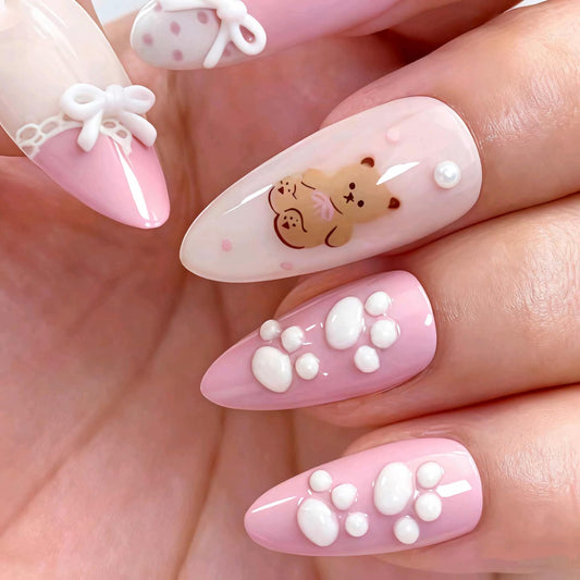 BABALAL Kawaii Bear Press On Nails, Almond Fake Nails with 3D Bow & Paw Print, Pink French Acrylic Full Cover Stick On Nails for Women 24Pcs