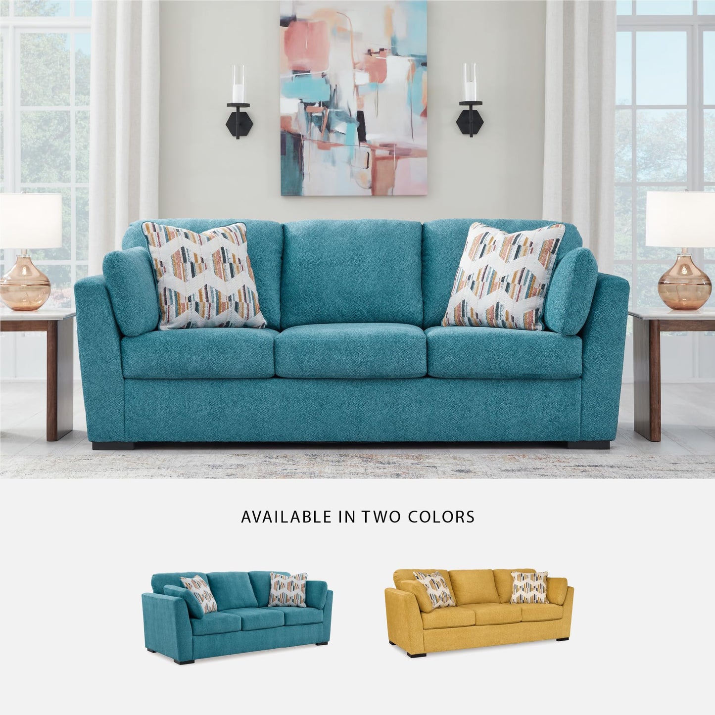 Signature Design by Ashley Keerwick Scandinavian Sofa with 4 Toss Pillows, Blue