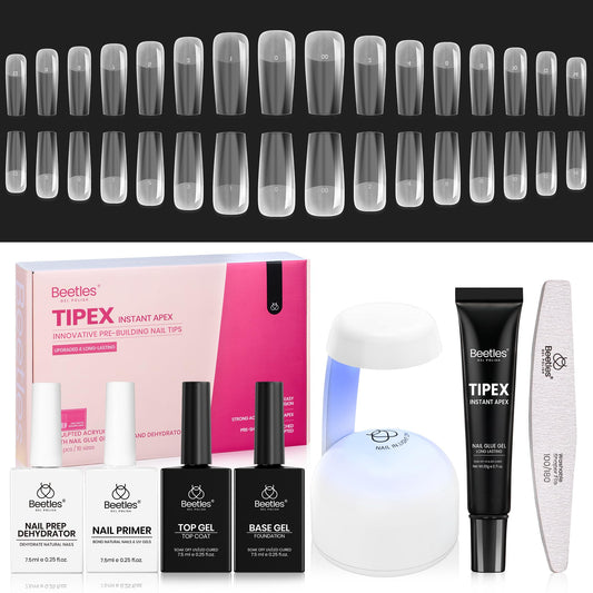Beetles Tipex Instant Apex Nail Tips Kit with Dehydrator & Primer, Long Square, 224PCS 16 Sizes, Reinforced Apex for Strong Long-Lasting Wear, 20g Solid Nail Glue, Mini UV Lamp, Base & Top Coat