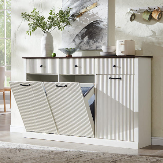 IFGET Triple Tilt Out Trash Can Cabinet, Modern Fluted Laundry Hamper Cabinet with 3 Drawers, 20 Gallon Hidden Wooden Garbage Can Cabinet w/Storage Basket & Adjustable Shelf, for Kitchen, White