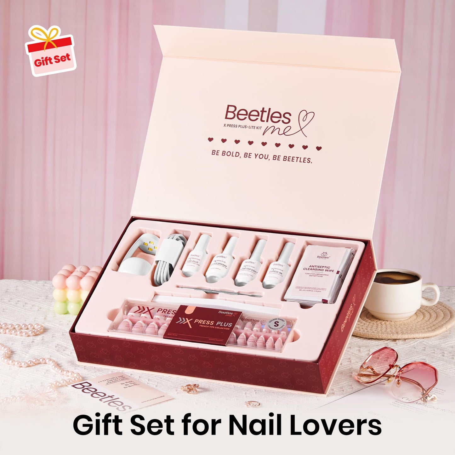 Beetles X Press Plus On Nails Kit-Short Square French Tip Press On Nails Kit with 150Pcs Pink French Nail Tips Nail Glue & Remover Builder Top Coat Nail Lamp,All-in-One DIY Fake Nails Gift for Women