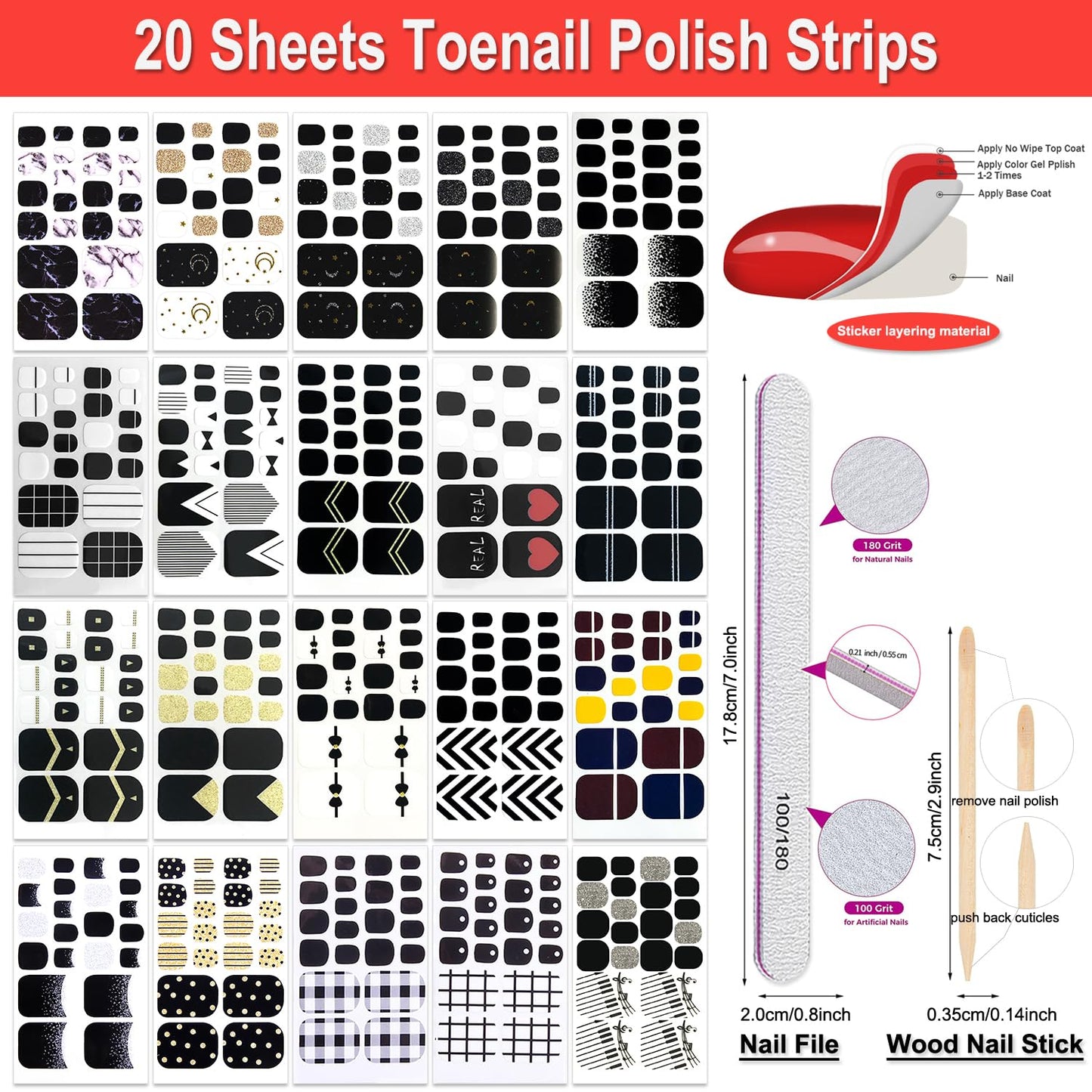 DANNEASY 20 Sheets Toe Nail Stickers Full Nail Wraps - Black, Toenails Polish Strips Self Adhesive Toenail Polish Stickers Gel Strips Manicure Sticker Nails for Women with File, Cuticle Stick