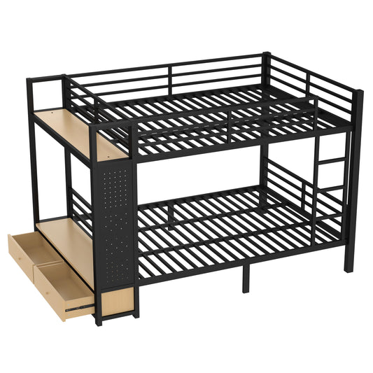 Bellemave Bunk Bed Queen Over Queen,Metal Bunk Bed with Shelf and Guardrails,Queen Bunk beds with Storage Drawers and Clothes Hooks for Kids, Teens & Adults（Black）