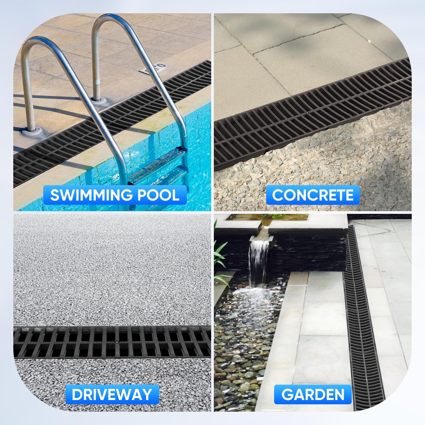 Trench Drain System, Channel Drain with Plastic Grate, 5.9x5.1-Inch HDPE Drainage Trench, Black Plastic Garage and GardenDrain, 6x39 Trench Drain Grate, with 6 End Caps,Convenient Assembly（6 Pack）