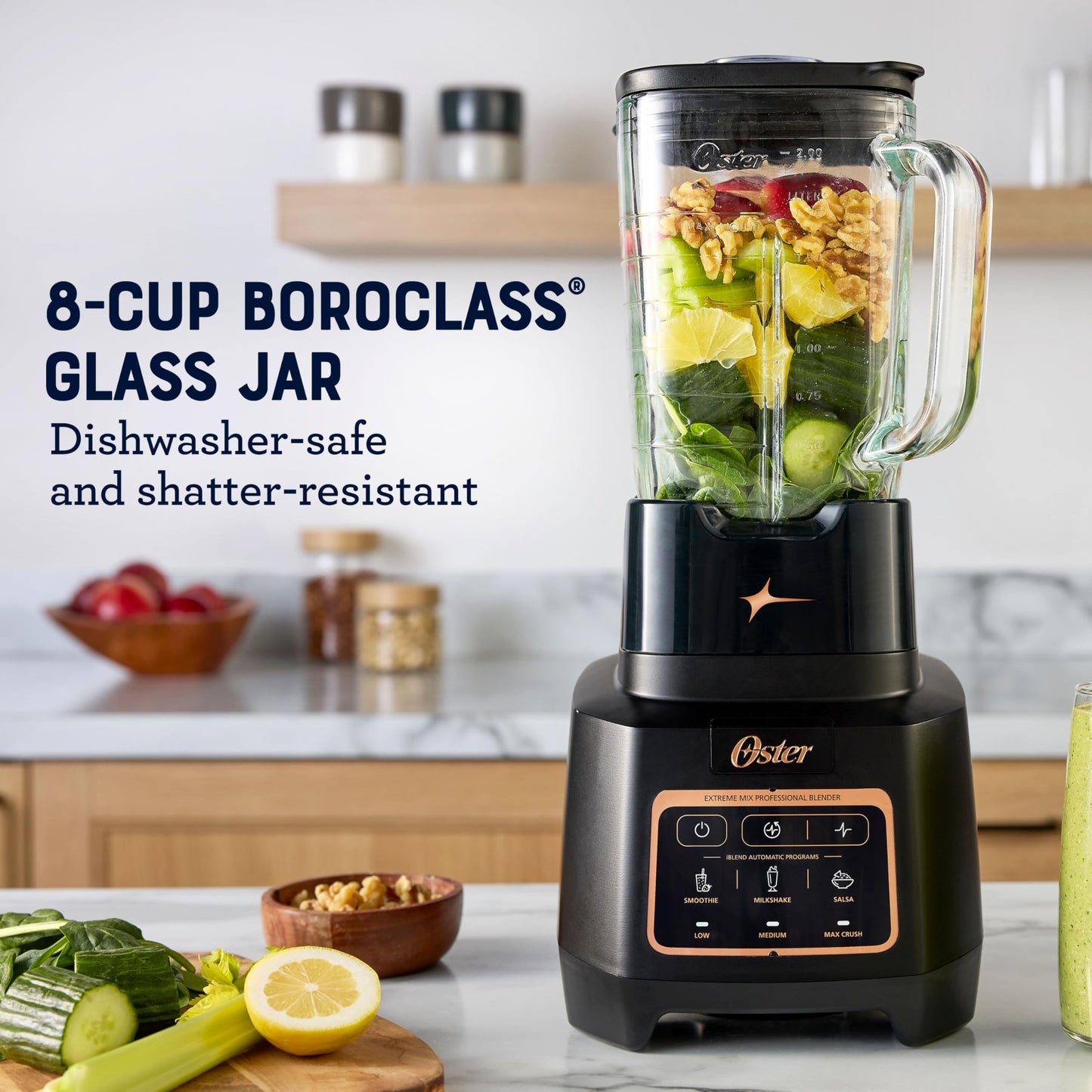 Oster Extreme Mix Blender, 64oz Glass Jar, 3 iBlend Preset Functions, 1600-Watts, 10-Point Blade Stack with Titanium Coating & 24oz Blend-N-Go Cup