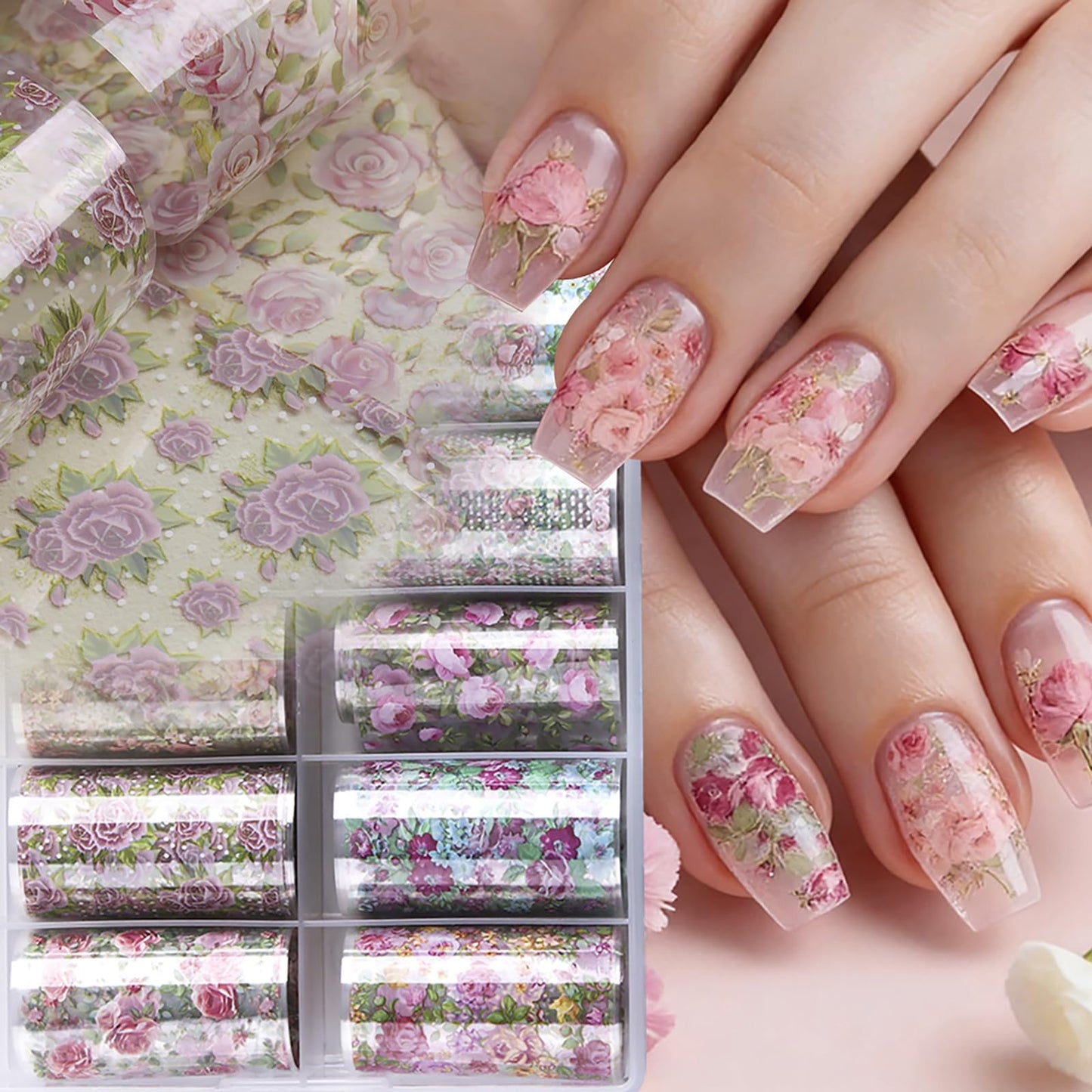Flower Nail Art Foil Transfer Stickers 10 Rolls Spring Flowers Nail Art Foil Decals Elegant Floral Nail Art Supplies Decoration Spring Nail Transfer Foil Stickers for Women DIY Manicure Accessories