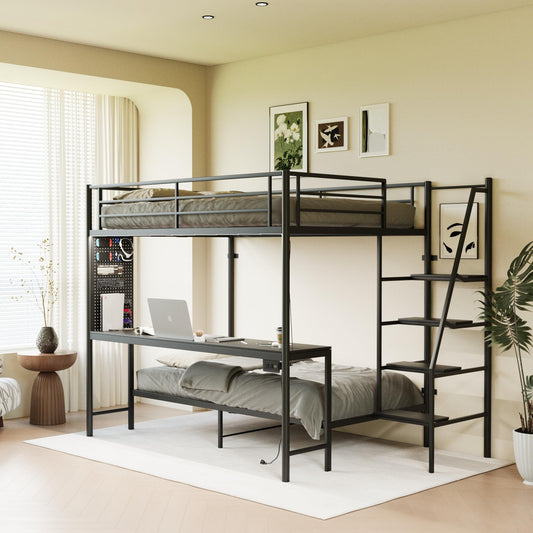 KEIKI Full Over Twin Bunk Bed with Charging Station, Metal Loft Bed with Desk & Safety Guard & Stairs, Metal Bed Frame for Kids, Teens, Adults, Black