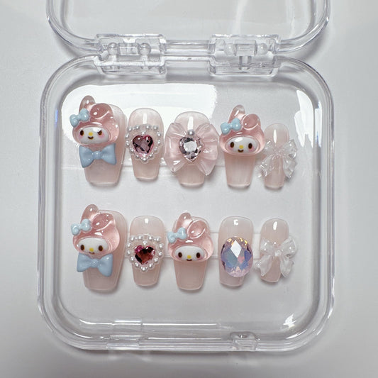 NLSJMP Thick Acrylic Press on Nails, Handmade Gel Press On Nails Long Square, bling pearl Cute bow rhinestone Kawaii Fake Nails Kit,Reusable 10 Nails Size M,#949, 949(Medium)