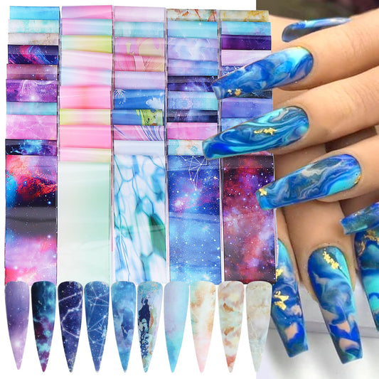 Nail Foils Transfer Nail Art 50PCS Holographic Starry Sky Stickers Marble Decals Nail Supplies Colorful Gradient Pink Blue Nail Art Foil Transfer Sheets Paper for Women DIY Designs Manicure Accessory