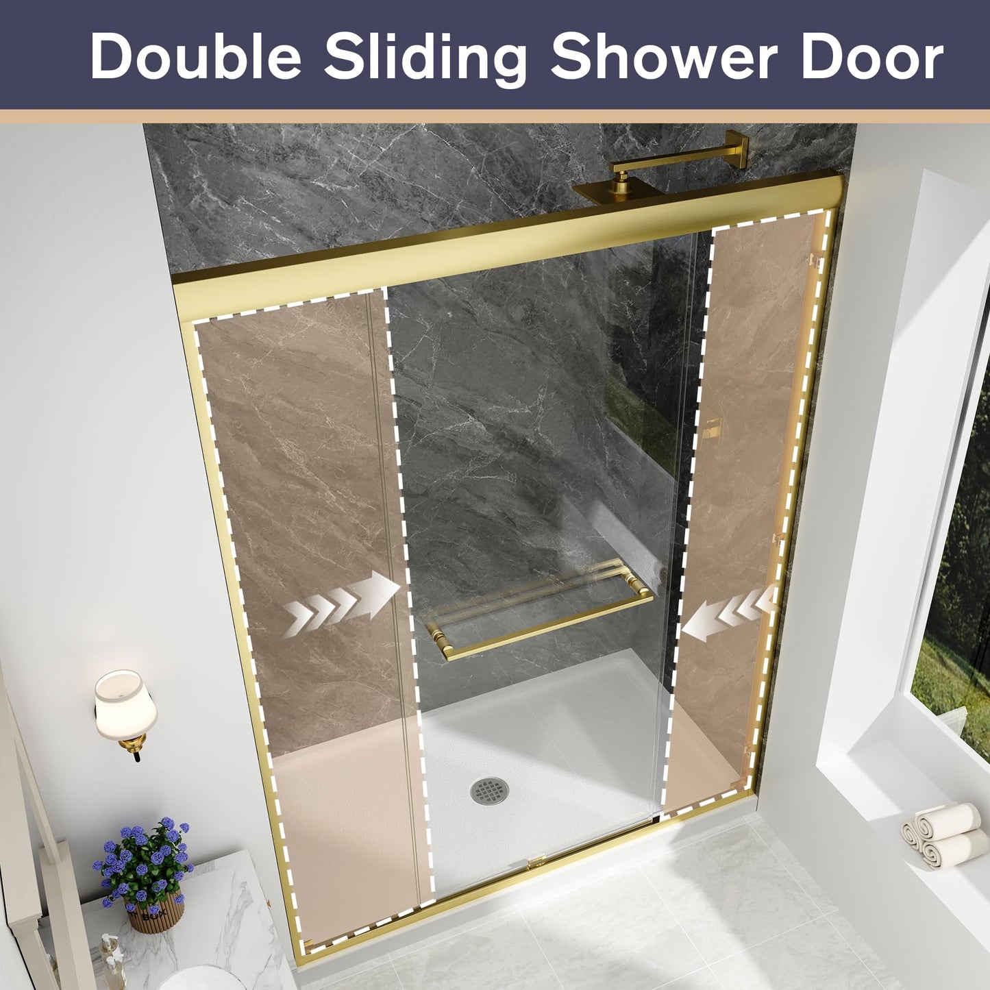 EASYWORC Double Sliding Shower Door, 55"-60" W x 70" H Semi-Frameless Glass Shower Door, 1/4'' (6mm) Clear SGCC Tempered Glass with Explosion-Proof Film and Nano Coating, Brushed Gold