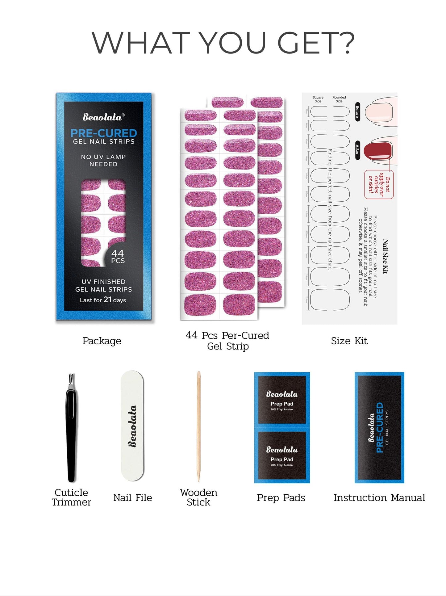 Beaolata Real Gel Nail Strips (No UV Light Needed) - 44Pcs Salon Quality Nail Stickers - Long Lasting Polish Wraps for Women, Easy Apply & Remove (Neon Pink)