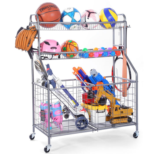 WEYIMILA Ball Organizer for Garage, Steel Sport Equipment Organizer with Baseball Bat Holder and Hooks, Easy Assembly Storage for Balls, Kids' Toys, and Workout Gear in Basement, Home Gym, Outdoor