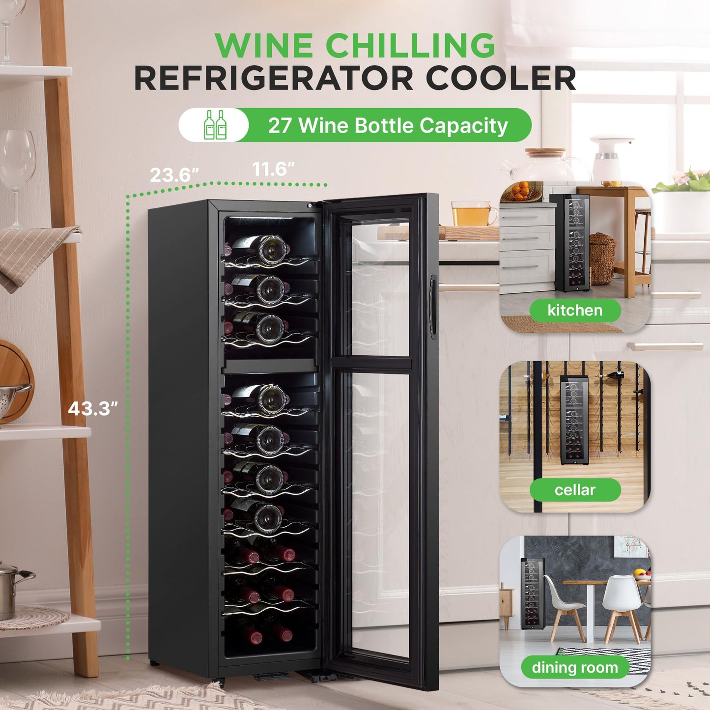 NutriChef 27 Bottle Wine Fridge | Dual Zone Wine Chiller | Adjustable Temperature 41°F to 64°F | Ultra Quiet Operation | Wine Cooler For Home, & Office | Free Standing 43x11x23 IN | Black
