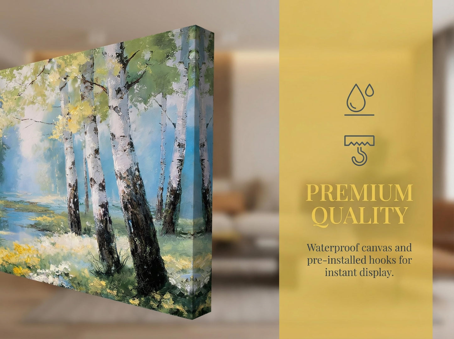 Ardemy Birch Forest Stream Canvas Wall Art, 40"x20" Hand-Painted Texture Landscape Painting with Wildflowers, Calming Nature Scenery for Living Room Bedroom Bathroom Home Office Decor