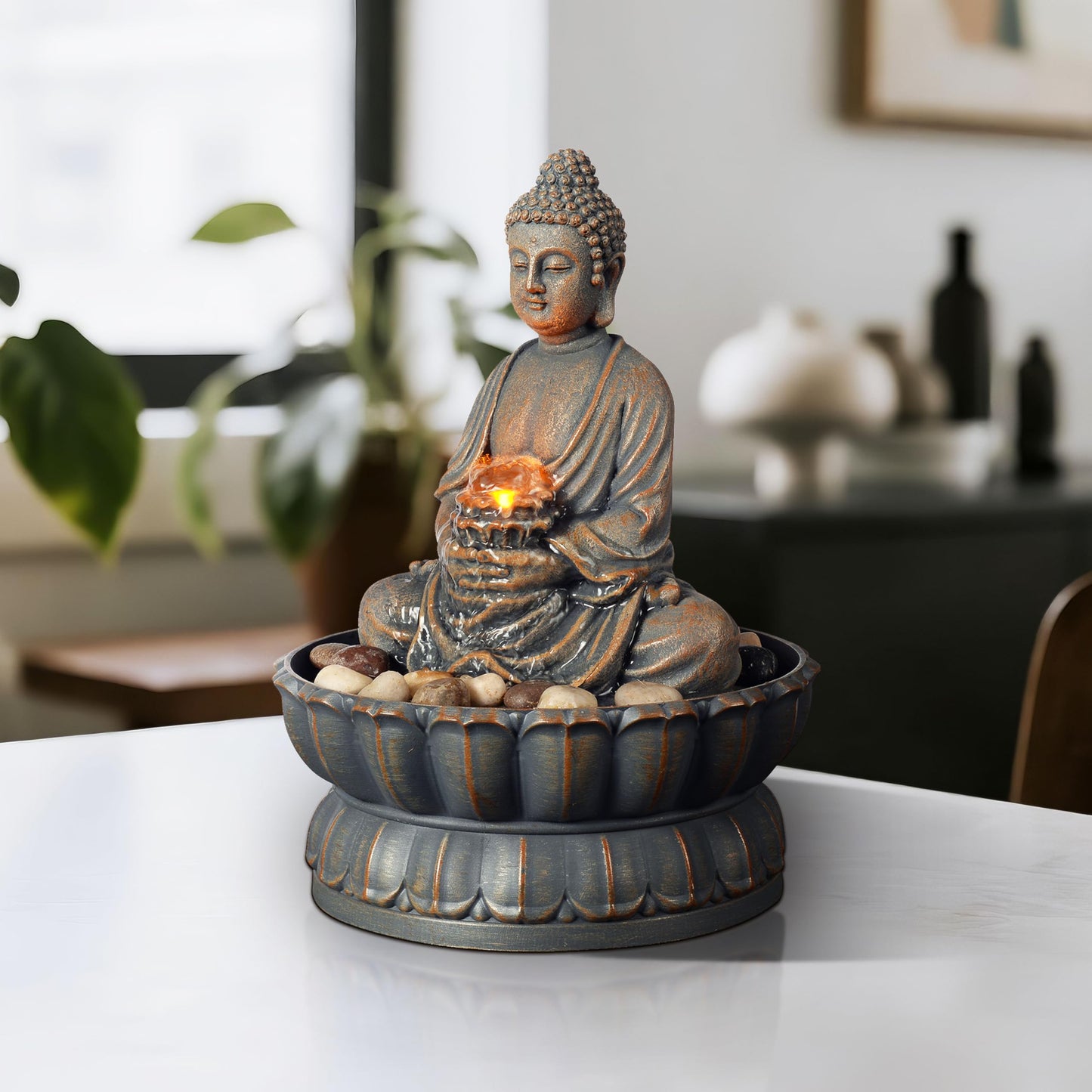 Kalona Home Décor 9.6" Tabletop Fountain Exquisite Smile Sitting Buddha Fountains Desk Water Fountain Decorative Zen Fountain w/Reflective Lighting/Cobblestone Office and Home Decor(21125A)