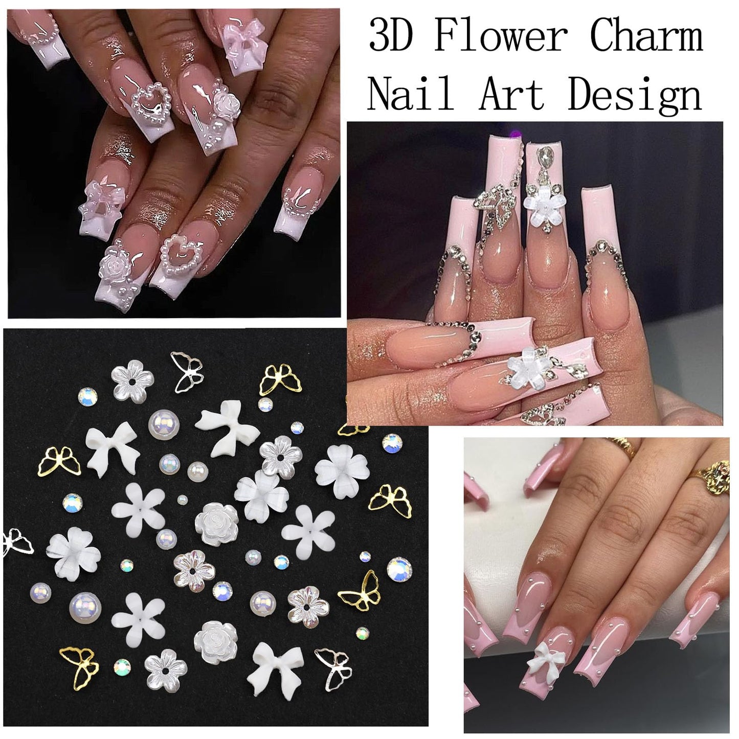SEMATA White Flower Nail Art Charms 3D Flower Bow Nail Gems Mixed Size Flatback Nails Pearls Rhinestones Gold Silver Butterfly Nails Art Accessories Decoration Design for Women