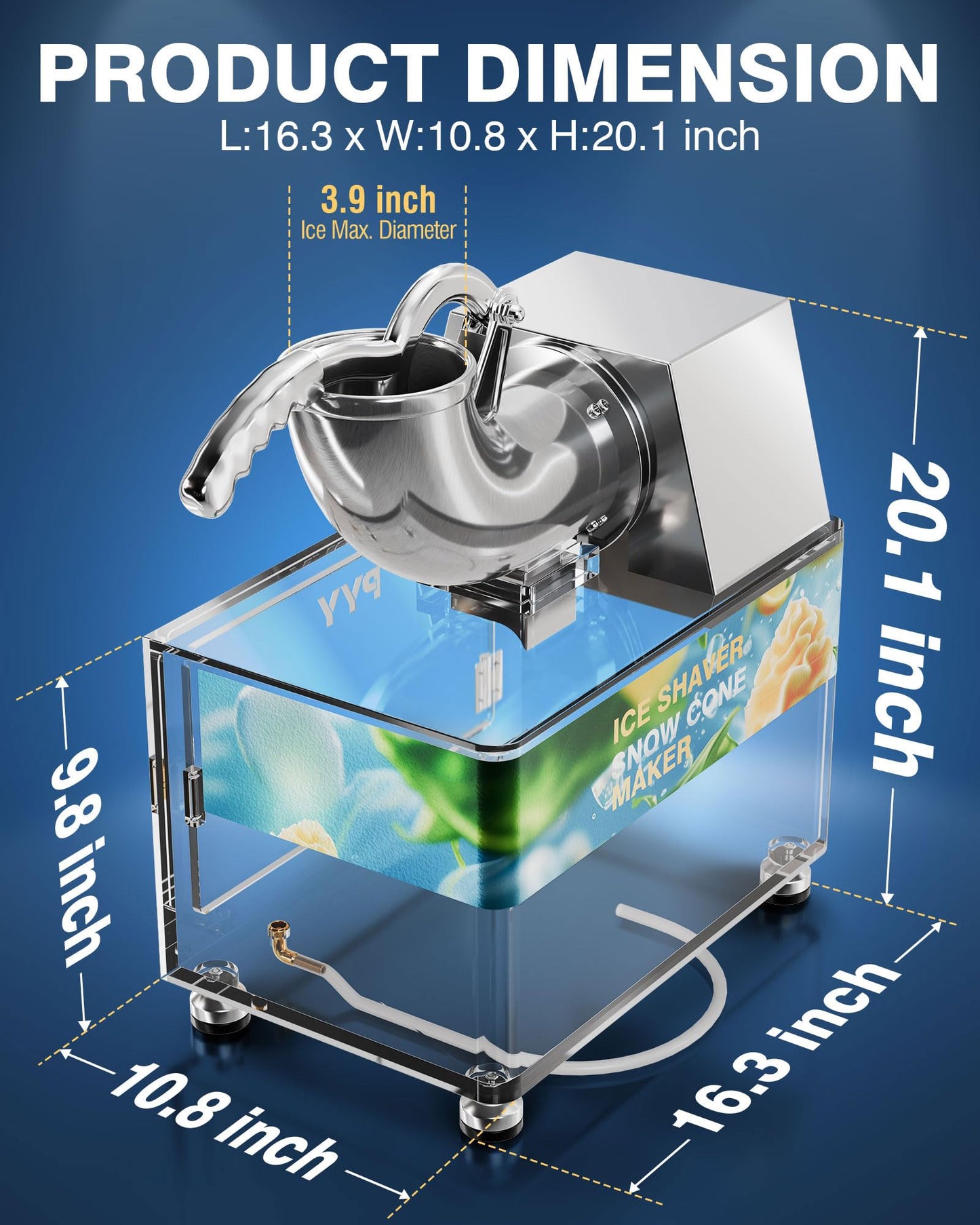 PYY Snow Cone Machine - Commercial Ice Crusher Shaver, Electric Crushed Shaved Snowcone Maker, All-Copper Motor 440LBS/H 1400RPM, Stainless Steel Full Body, Dual Blades, Acrylic Box and Drain Pipe