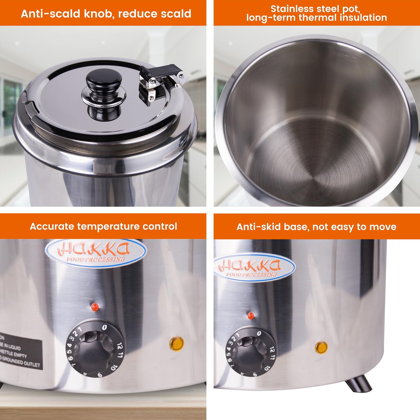 EASYROSE 6Qt Commercial Soup Warmer, 300W Soup Kettle Buffet Food Warmer with Hinged Lid & Detachable Pot, Temperature Control (105-195°F) for Soups, Chili, Nacho Cheese - Silver