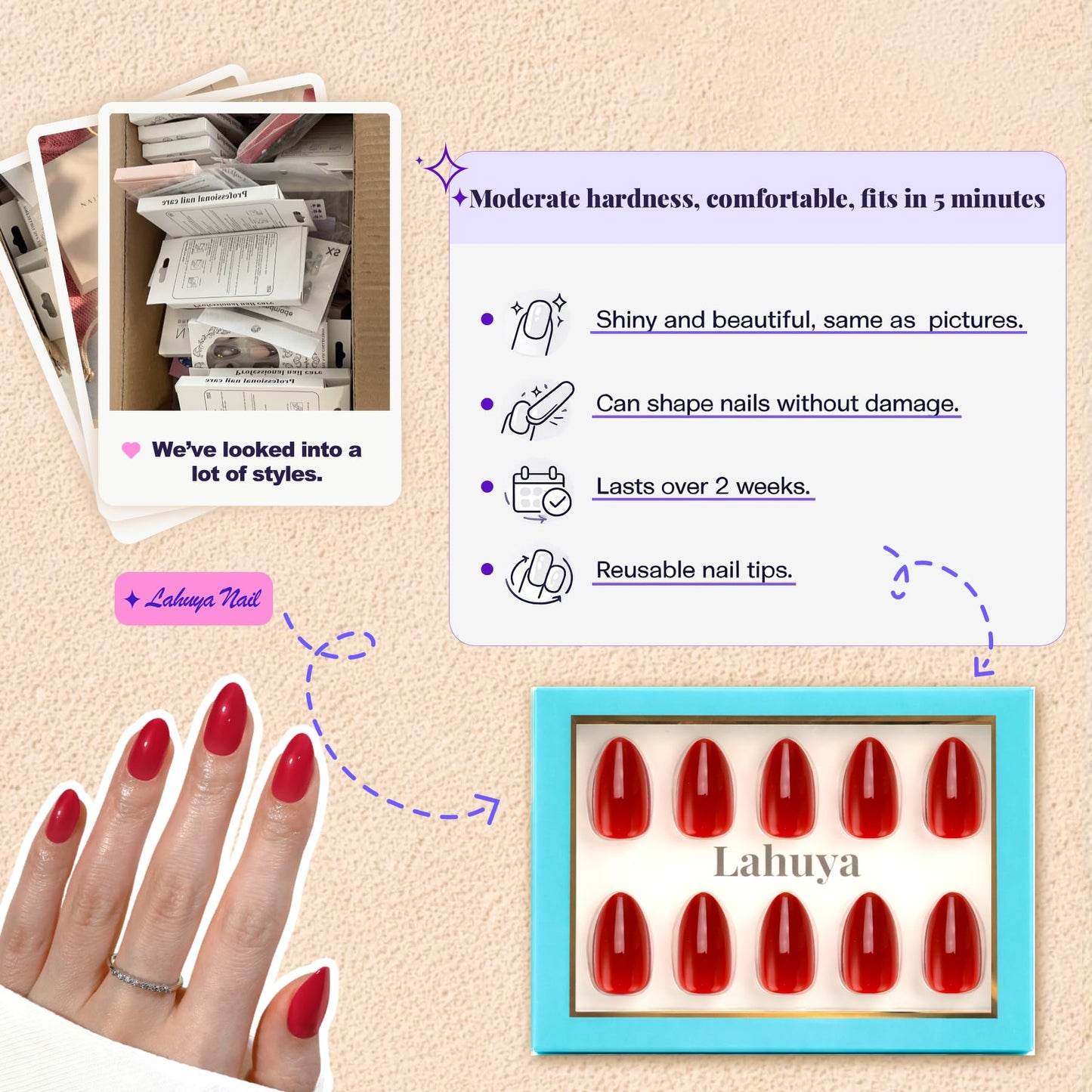 LAHUYA Press On Nails – Sunlit Cherry | Nail Artist Designed Short Almond Fake Nails with Bright Cherry Red Glossy Finish, Reusable Press On Nails in 15 Sizes – 30 Nails Kit with Glue