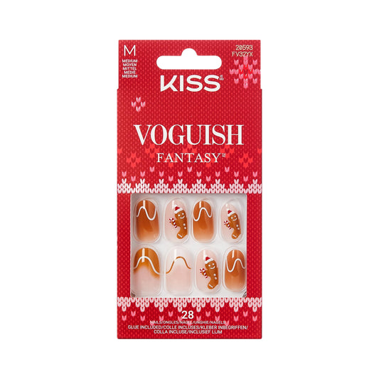 KISS Voguish Fantasy Holiday Press On Nails, ‘Holly Nights’, Brown, Medium Oval, No Damage To Natural Nails, Pink Gel Nail Glue (2g), Mini Nail File, Manicure Stick, & 28 Fake Nails