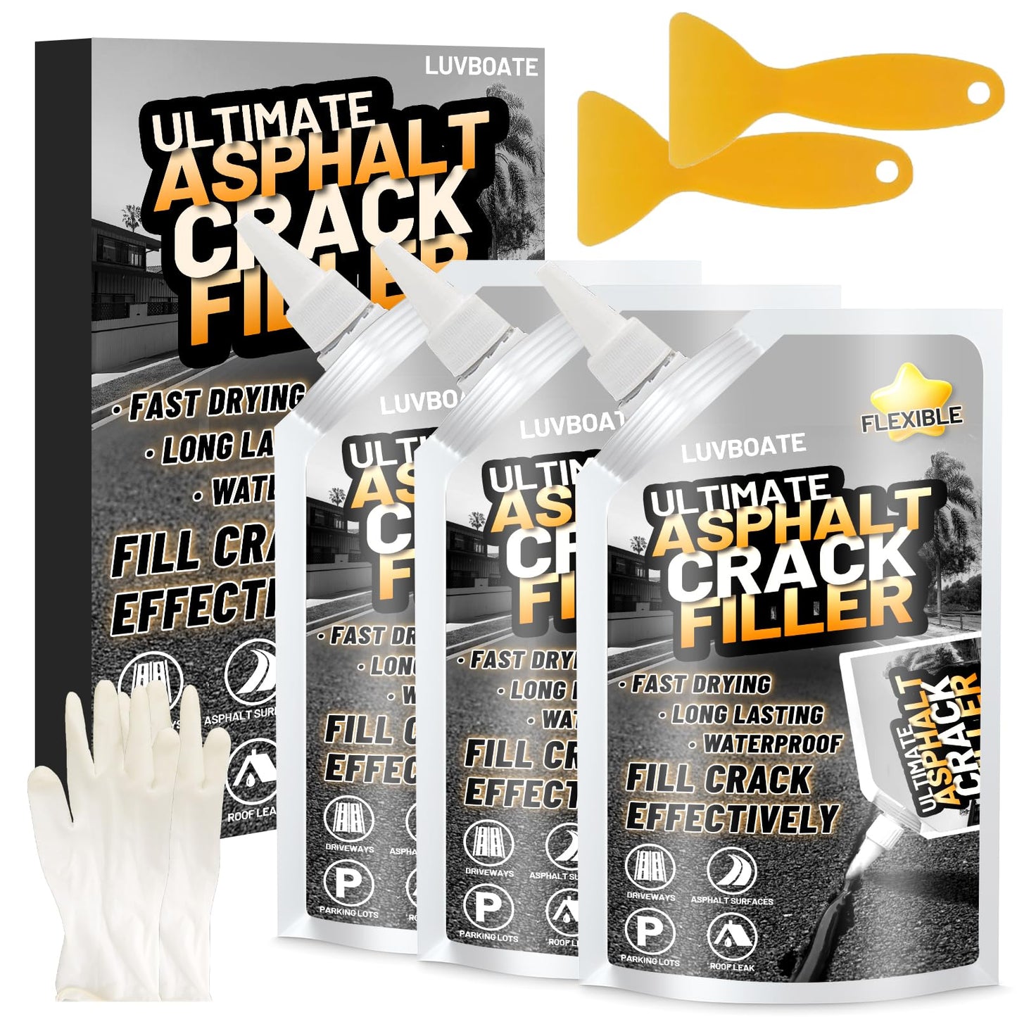 Asphalt Crack Filler, 4.5LB High Elasticity Driveway Crack Filler, Self Leveling Waterproof Repair Sealant for Driveway, Walkway, Road, Blacktop Concrete Joint, Indoor & Outdoor - Black (74oz)