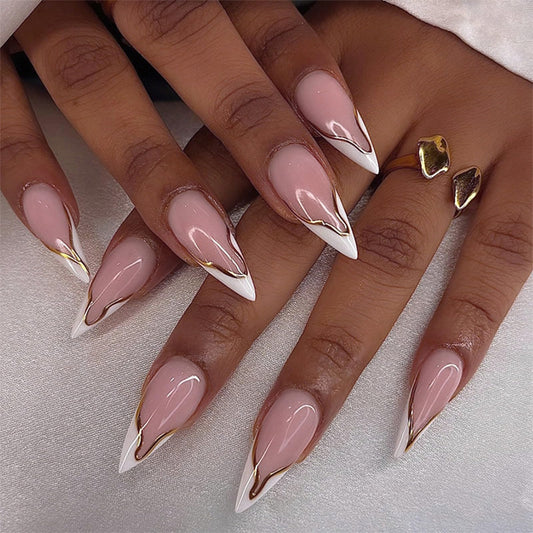 SINHOT Stiletto Press on Nails - Long Fake Nails, Glossy Finish, White French Tip & Gold Line, DIY Artificial False Nail Art - 24 Pcs Nail Kit with Glue