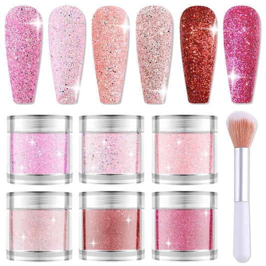 Furtherpretty Pink Glitter for Nails Set, 6 Colors Rose Red Pink Sugar Nail Powders, Holographic Fine Glitter Dust for Valentine’s Day Nail Art Design, DIY Manicure Salon Supplies with Brush(#1 Sugar)