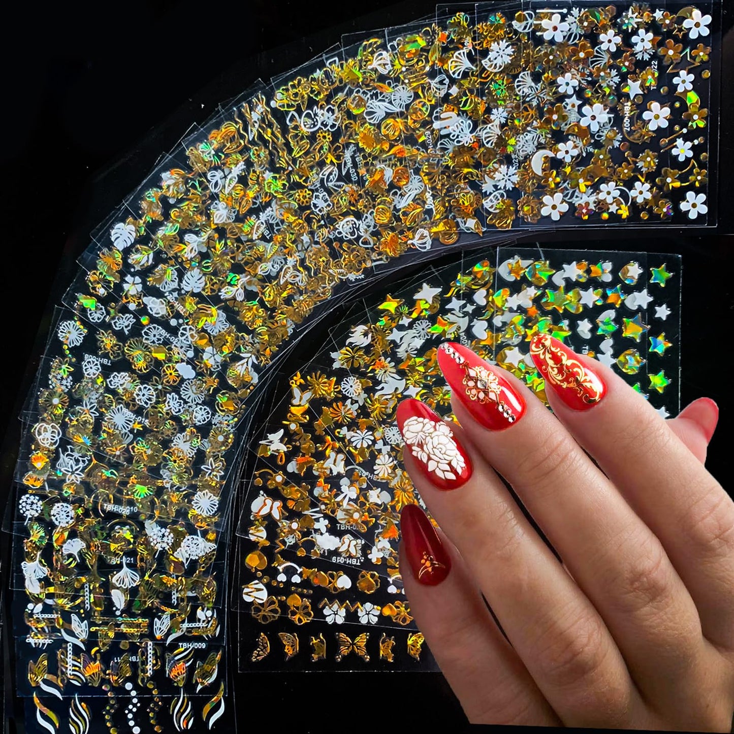 30 Sheets Gold Nail Art Stickers Bronzing Gold Flower Leaf 3D Self-Adhesive Nail Stickers Star Love Design Laser Nail Decals Acrylic Nail Supplies for Women Nail DIY Decoration