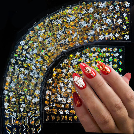 30 Sheets Gold Nail Art Stickers Bronzing Gold Flower Leaf 3D Self-Adhesive Nail Stickers Star Love Design Laser Nail Decals Acrylic Nail Supplies for Women Nail DIY Decoration