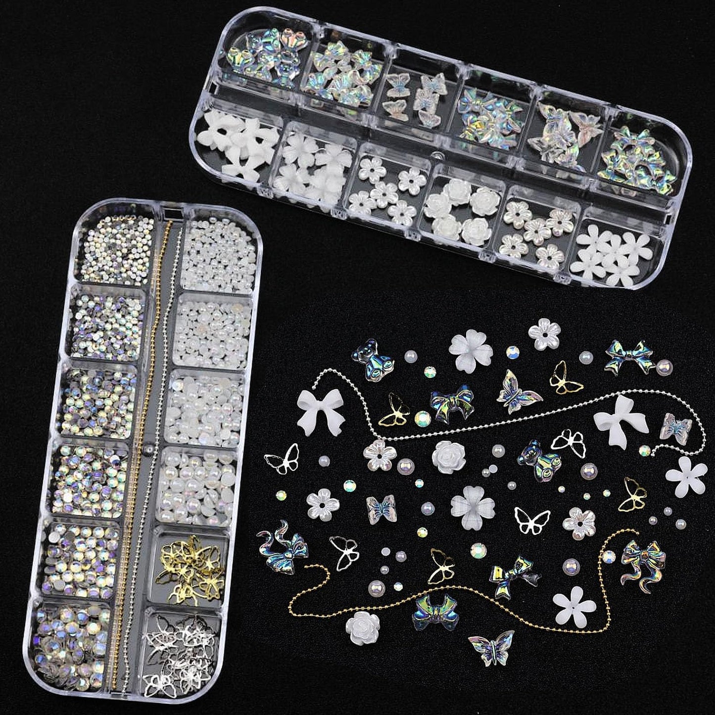 SEMATA White Flower Nail Art Charms 3D Flower Bow Nail Gems Mixed Size Flatback Nails Pearls Rhinestones Gold Silver Butterfly Nails Art Accessories Decoration Design for Women