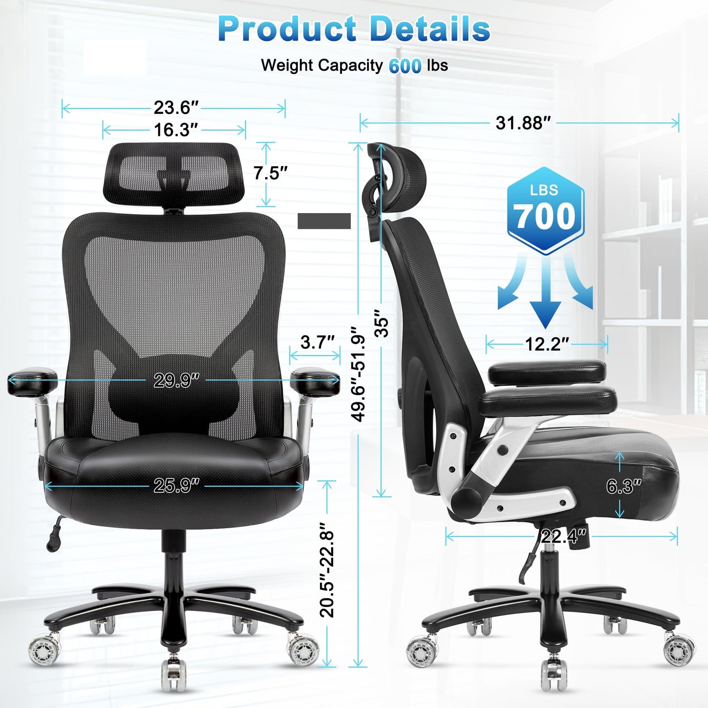 Big and Tall Office Chair 700lbs- Heavy Duty Executive Computer Chair with Rubber Wheels 3D Flip Arms, Ergonomic Mesh High Back Desk Chair, Extra Wide Seat Adjustable Lumbar Support & Headrest