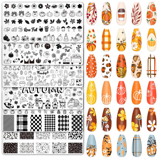 Whaline 6 Pcs Fall Nail Plates Stamping Set Pumpkin Leaves Stamp Templates Nail Art Plates for Autumn Harvest Thanksgiving DIY Print Manicure Salon Design