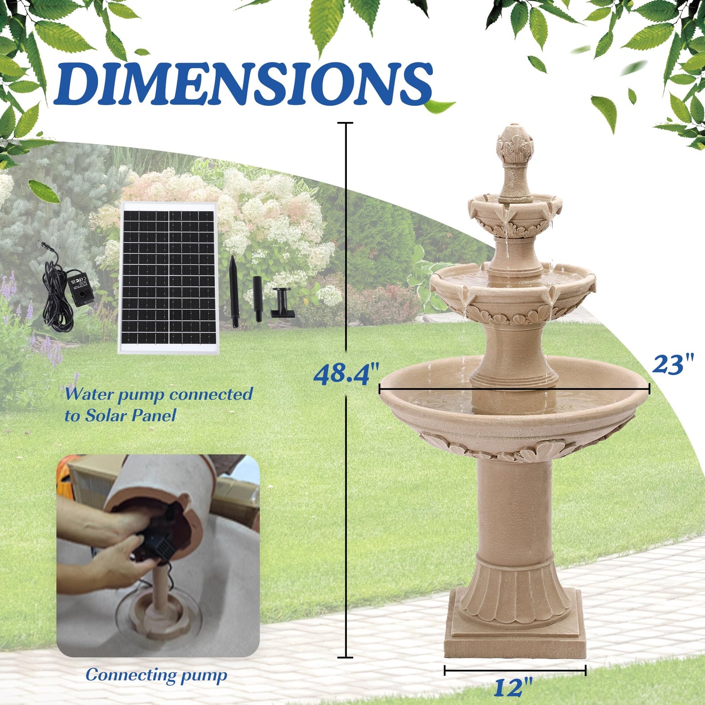 Dephet Italian Solar Water Fountains Outdoor Garden Decor - 48.4''H Fountains and Waterfalls Outside, Large Cascading Indoor Floor-Standing Resin Bubbler Fountain Features W/Pump for Patio, Backyard